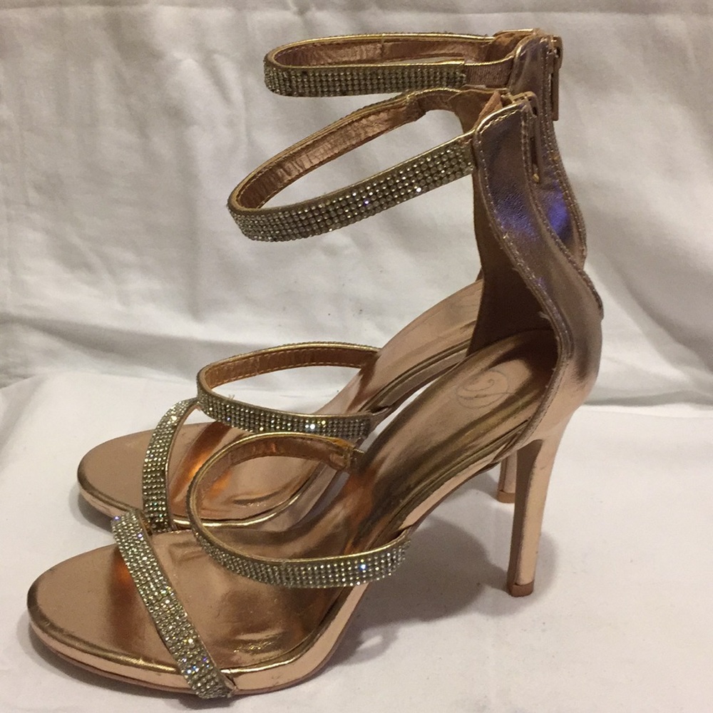 Rose Gold 3 Strap Rhinestone Heels - Picture 2 of 4